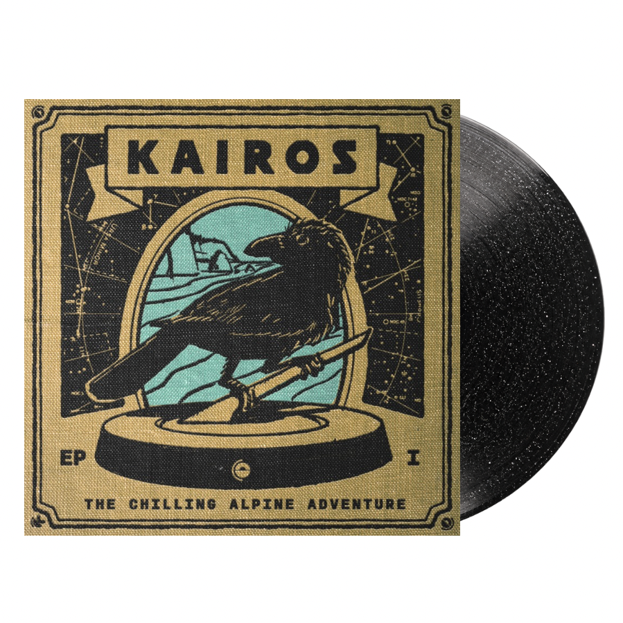 A vinyl record partially pulled from its illustrated outer sleeve. The sleeve shows the band name KAIROS at the top and the text 'THE CHILLING ALPINE ADVENTURE' at the bottom, with a black raven perched in front of a light blue sky and dark starry background. The pressed vinyl is on black glitter.