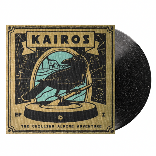 A vinyl record partially pulled from its illustrated outer sleeve. The sleeve shows the band name KAIROS at the top and the text 'THE CHILLING ALPINE ADVENTURE' at the bottom, with a black raven perched in front of a light blue sky and dark starry background. The pressed vinyl is on black glitter.