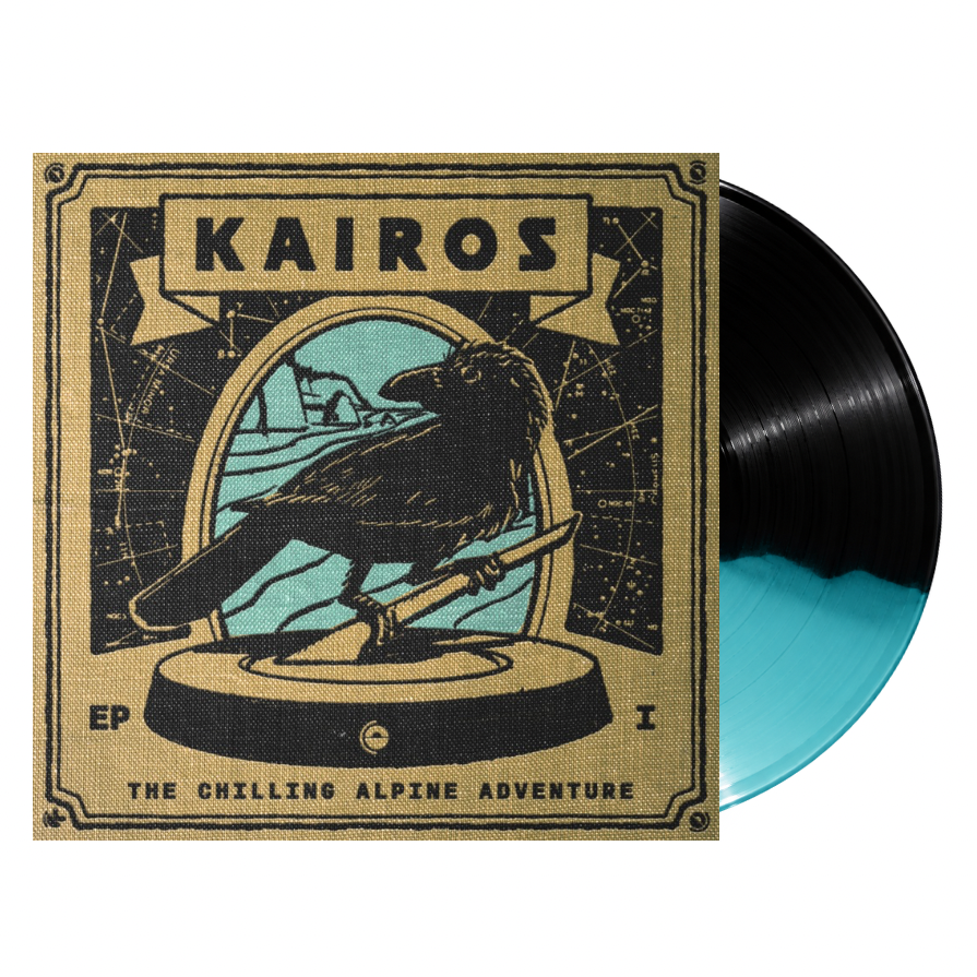 A vinyl record pressed on black and aqua. The square album cover features a tan textured design with a black raven perched on a tripod inside an oval frame, with the word "KAIROS" at the top and "EP 1 THE CHILLING ALPINE ADVENTURE" at the bottom.