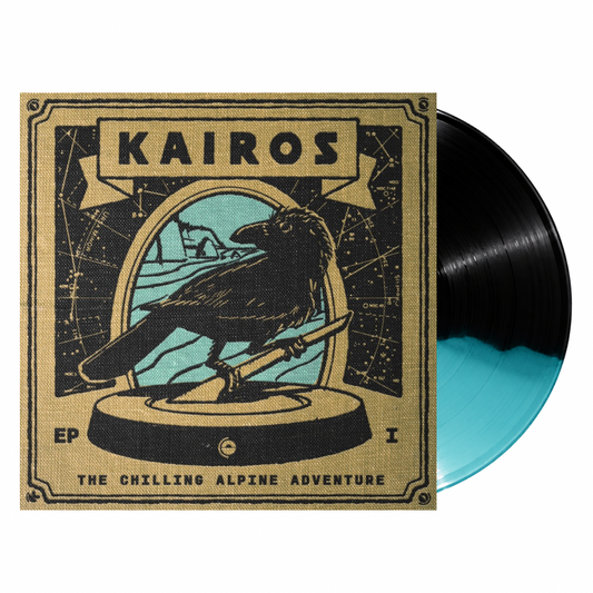 A vinyl record pressed on black and aqua. The square album cover features a tan textured design with a black raven perched on a tripod inside an oval frame, with the word "KAIROS" at the top and "EP 1 THE CHILLING ALPINE ADVENTURE" at the bottom.